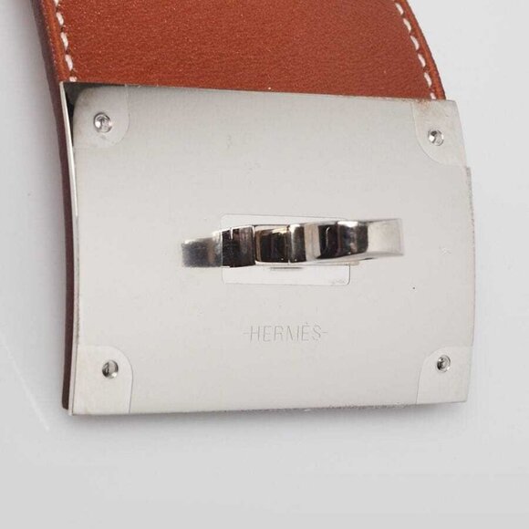 Hermes Gold Swift Leather Palladium Plated Wide Kelly Dog Bracelet Size L - Picture 7 of 7